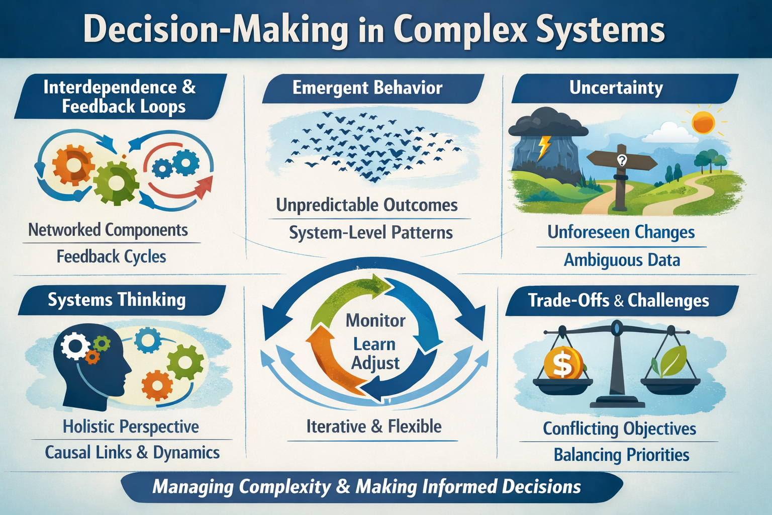 Infographic explaining decision-making in complex systems, including feedback loops, interdependence, emergence, uncertainty, and adaptive strategies