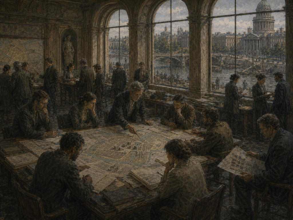 Restrained institutional illustration of decision-makers gathered around maps and documents in a grand civic chamber, with public buildings and infrastructure visible beyond the windows.
