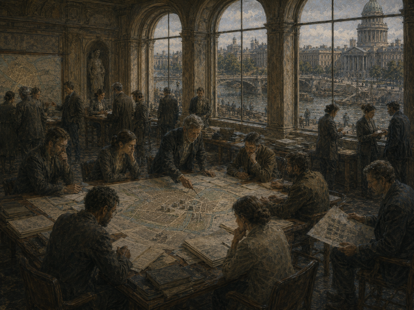 Restrained institutional illustration of decision-makers gathered around maps and documents in a grand civic chamber, with public buildings and infrastructure visible beyond the windows.
