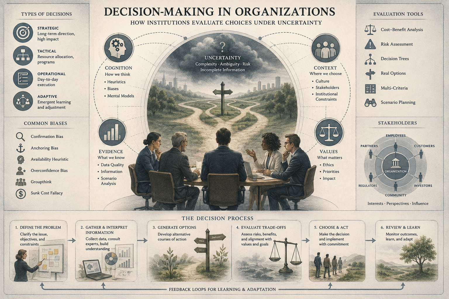 Illustrated institutional infographic showing organizational decision-making under uncertainty, with leaders at a table, branching paths, stakeholder maps, evaluation tools, biases, and feedback loops.