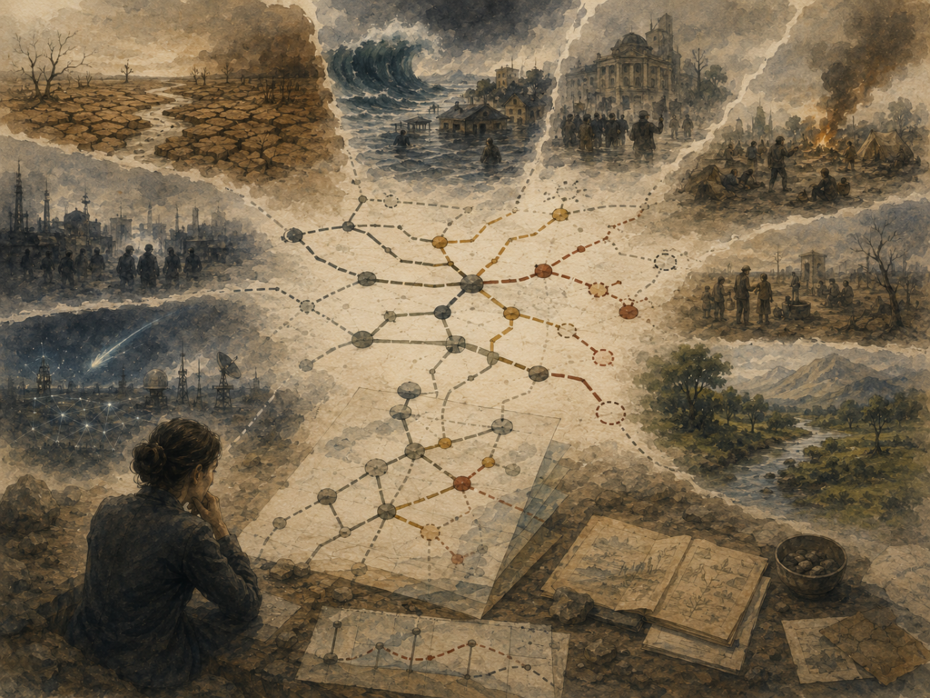 Painterly editorial illustration of deep uncertainty with a reflective figure, branching pathways, scenario layers, disrupted futures, social stress, environmental shocks, and adaptive decision routes.