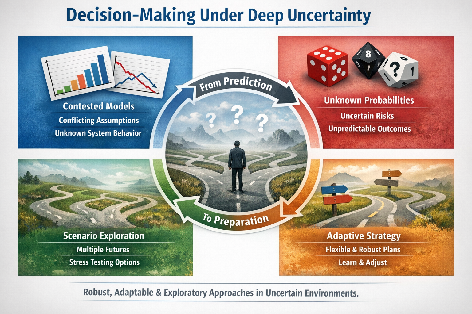 Infographic explaining decision-making under deep uncertainty, including contested models, unknown probabilities, scenario exploration, and adaptive strategy