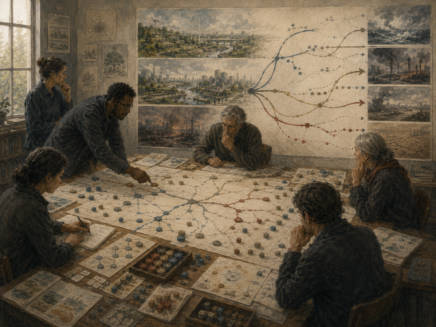 Researchers study branching scenario pathways, uncertain outcomes, system maps, tokens, and future-condition panels in a strategic planning room.