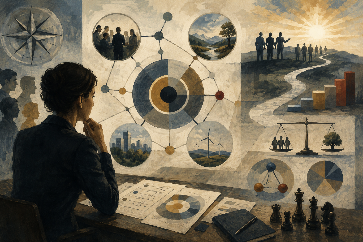 Painterly editorial illustration of decision quality and strategic alignment with a reflective strategist, connected objectives, stakeholder silhouettes, tradeoff scales, outcome pathways, and organizational direction.