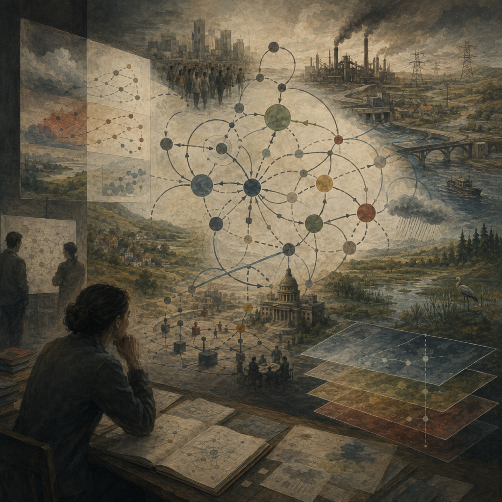 Painterly editorial illustration of decision science and systems modeling with a reflective analyst, feedback networks, layered models, institutions, infrastructure, ecosystems, and social systems.