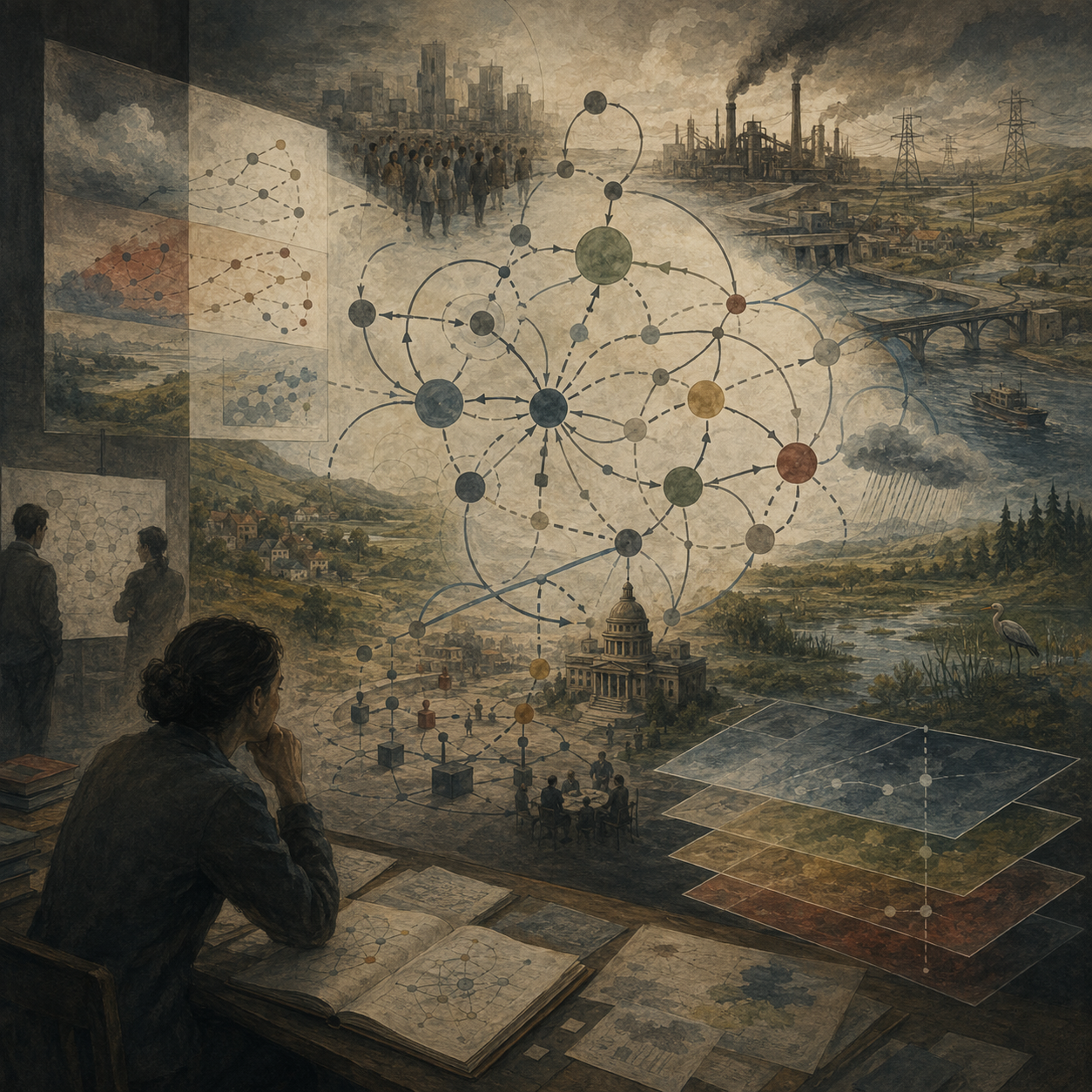 Painterly editorial illustration of decision science and systems modeling with a reflective analyst, feedback networks, layered models, institutions, infrastructure, ecosystems, and social systems.