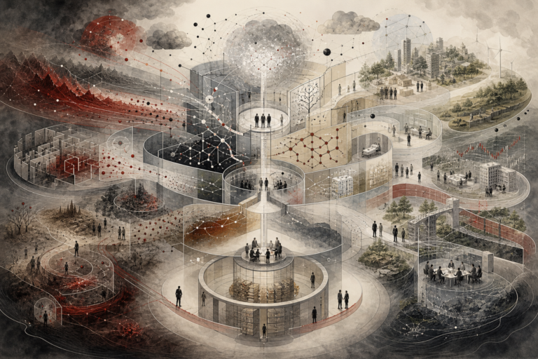 Editorial scientific illustration of decision science as an architecture-of-judgment systems framework, showing uncertainty, probability, risk, decision pathways, evidence layers, scenario comparison, trade-offs, cognitive bias, systems modeling, public policy, sustainability, healthcare, finance, organizational strategy, governance, accountability, and learning.