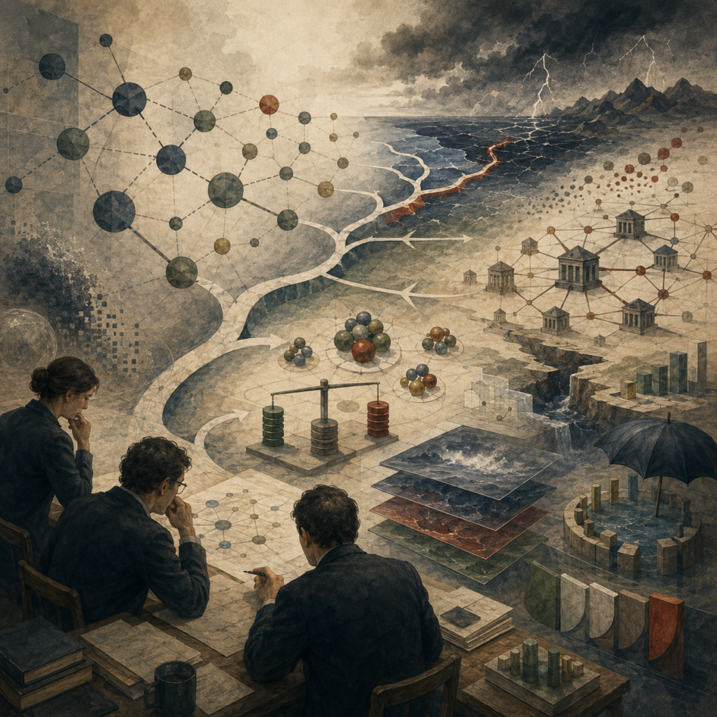Painterly editorial illustration of financial risk management with analysts studying systemic risk networks, storm scenarios, balance structures, fragile institutions, uncertainty layers, and protective safeguards.