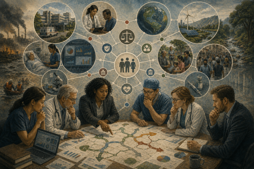 Painterly editorial illustration of healthcare decision-making with clinicians and analysts studying care pathways, patient needs, public health risks, evidence, resource tradeoffs, and health system networks.