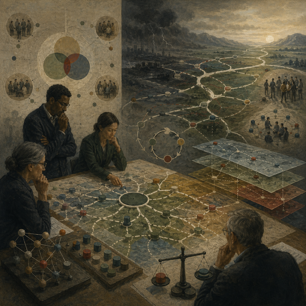 Painterly editorial illustration of organizational strategy decision-making with leaders studying strategic pathways, stakeholder groups, layered systems maps, tradeoff scales, and uncertain future conditions.