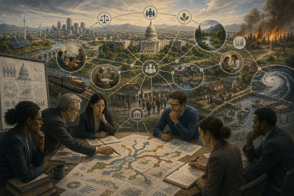 Painterly editorial illustration of decision science in public policy with policymakers studying maps, civic institutions, infrastructure, public services, climate risk, community needs, and interconnected policy systems.