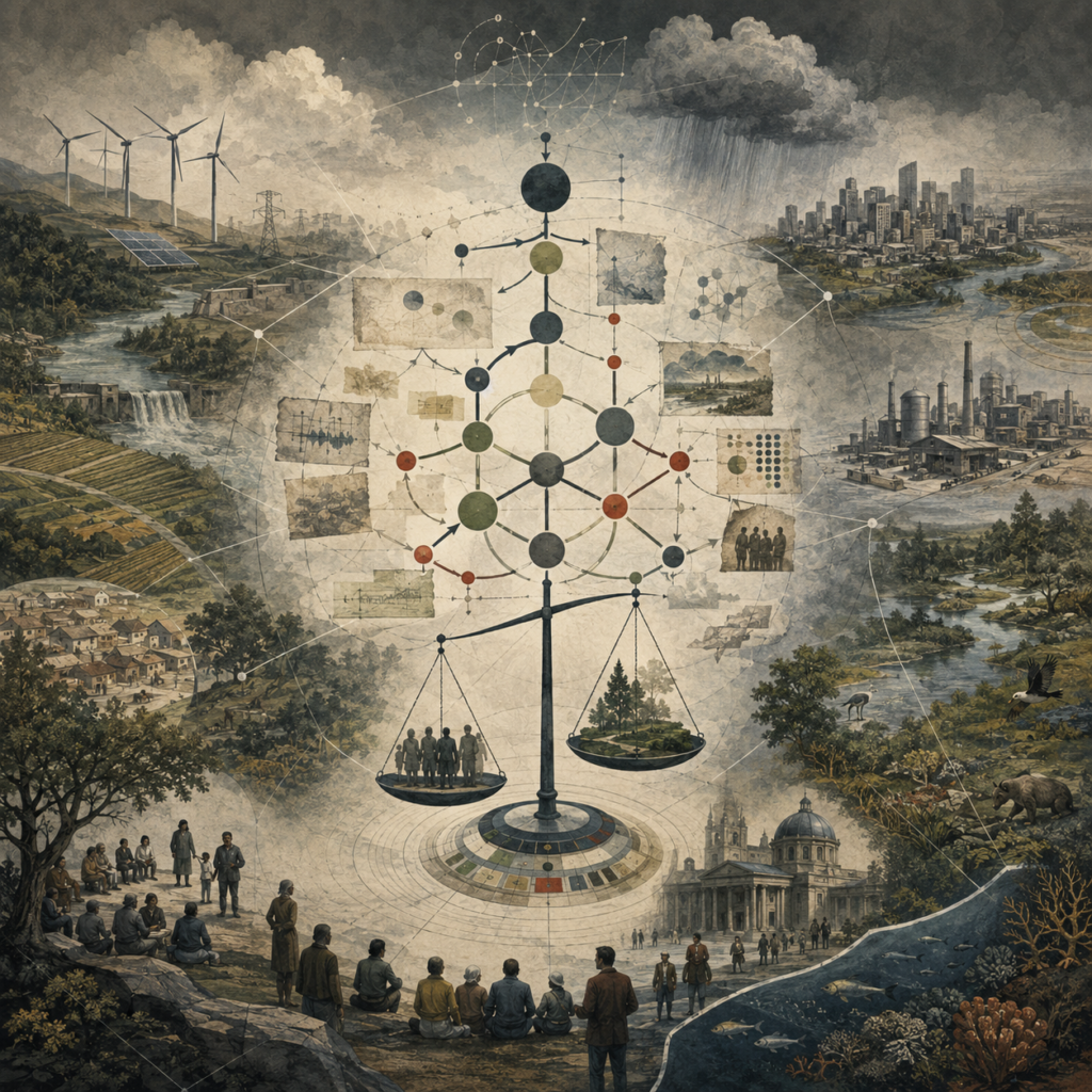 Painterly editorial illustration of decision science in sustainability with ecosystems, energy systems, cities, industry, public institutions, community groups, tradeoff scales, and interconnected decision networks.