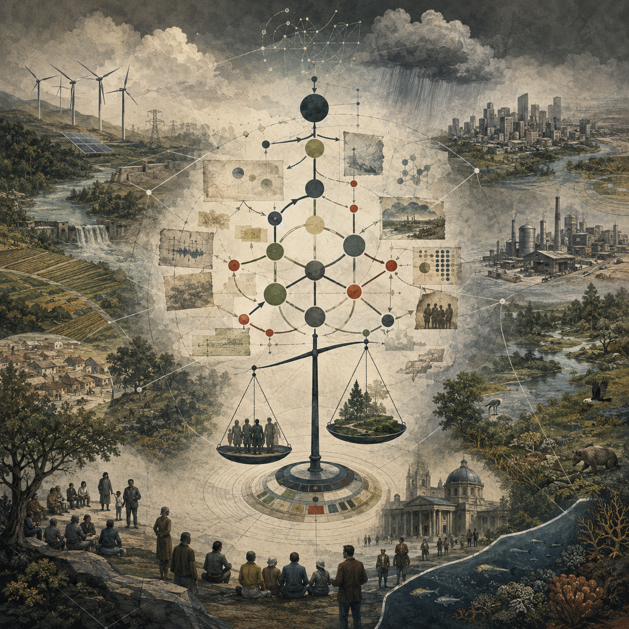 Painterly editorial illustration of decision science in sustainability with ecosystems, energy systems, cities, industry, public institutions, community groups, tradeoff scales, and interconnected decision networks.