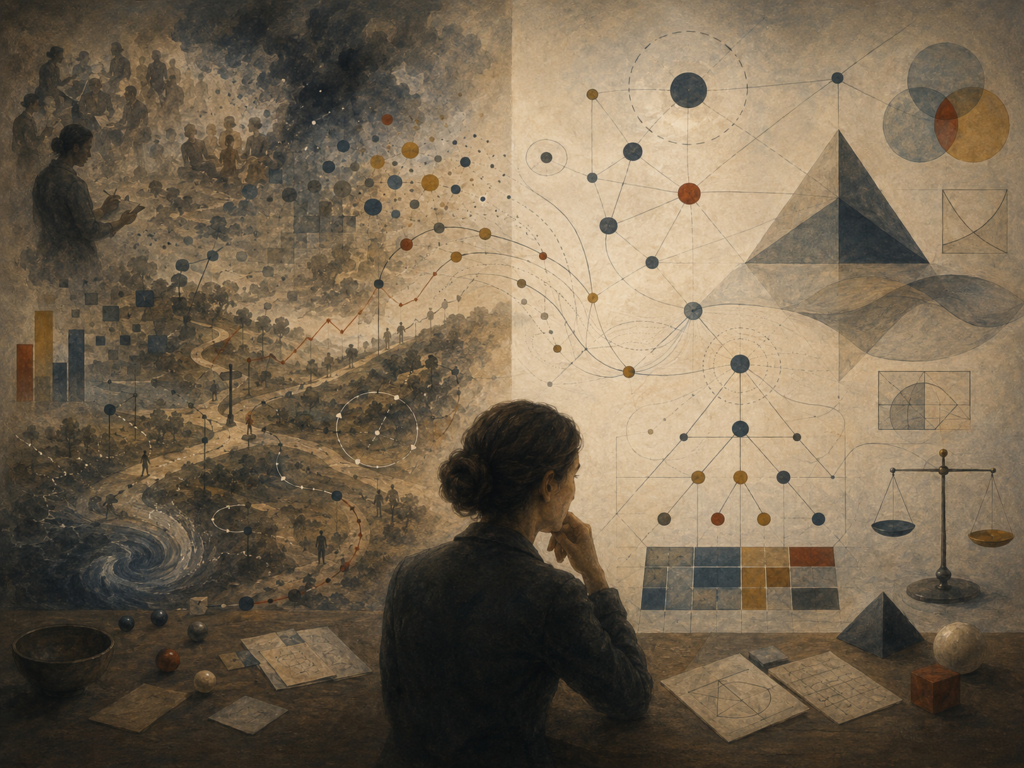 Painterly editorial illustration contrasting applied decision science with formal decision theory through human judgment, messy systems, abstract geometries, networks, tradeoffs, and symbolic uncertainty.