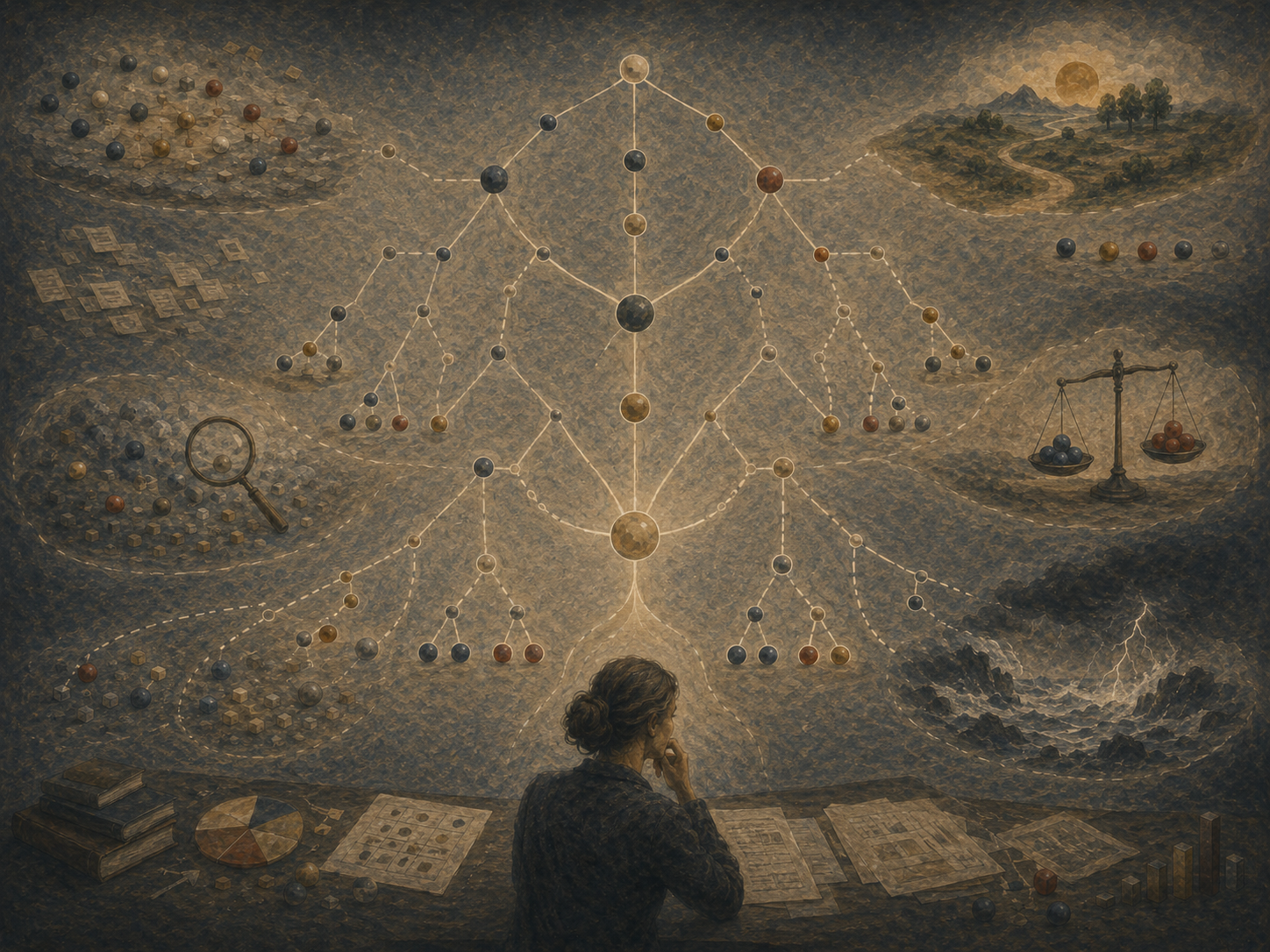 Painterly editorial illustration of structured decision-making with branching decision-tree pathways, weighted nodes, outcome clusters, tradeoff scales, evidence fragments, and a reflective figure studying possible choices.