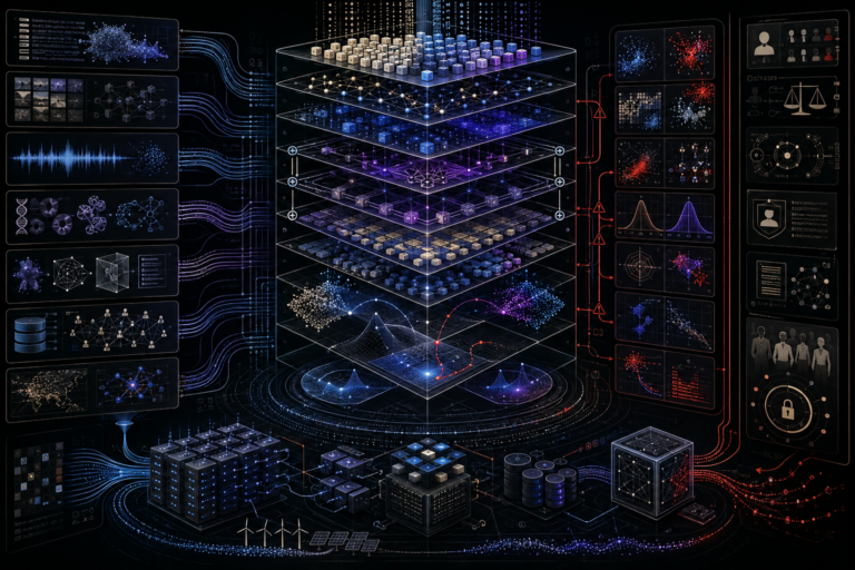 Deep learning systems architecture showing hierarchical representations, neural layers, transformers, attention pathways, embedding spaces, scaling dynamics, optimization geometry, generalization diagnostics, distributed compute, robustness checks, human oversight, and audit controls.