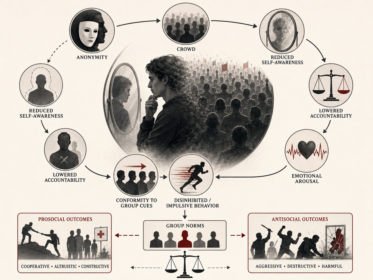 Restrained institutional research illustration showing deindividuation as a social-psychological process involving anonymity, crowds, reduced self-awareness, lowered accountability, emotional arousal, group cues, impulsive behavior, group norms, and possible prosocial or antisocial outcomes.