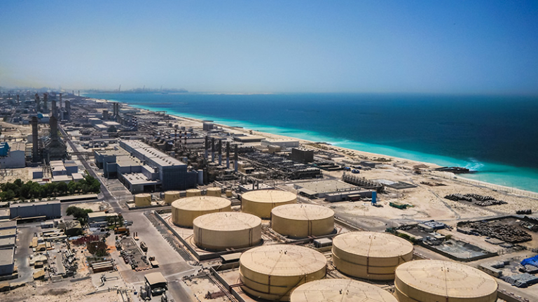 Large coastal desalination plant in Dubai producing drinking water from seawater