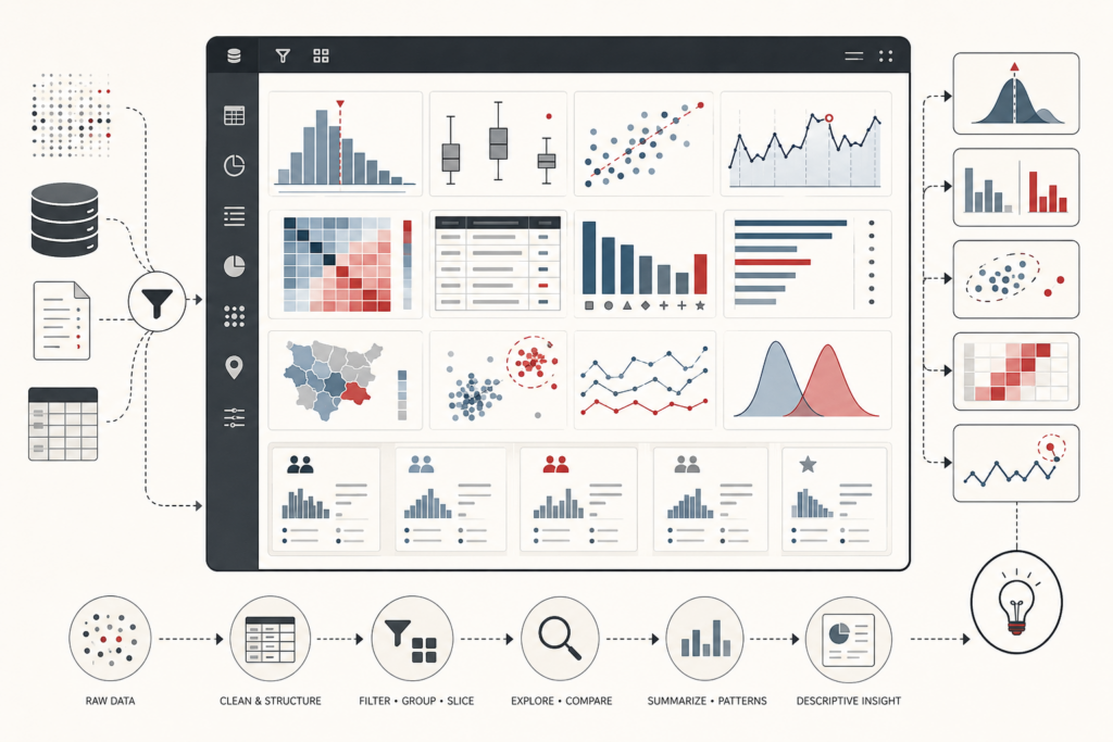 Conceptual analytics illustration showing descriptive statistics, distributions, comparison charts, maps, scatterplots, summary tables, and exploratory views used to identify patterns and generate analytical insight.