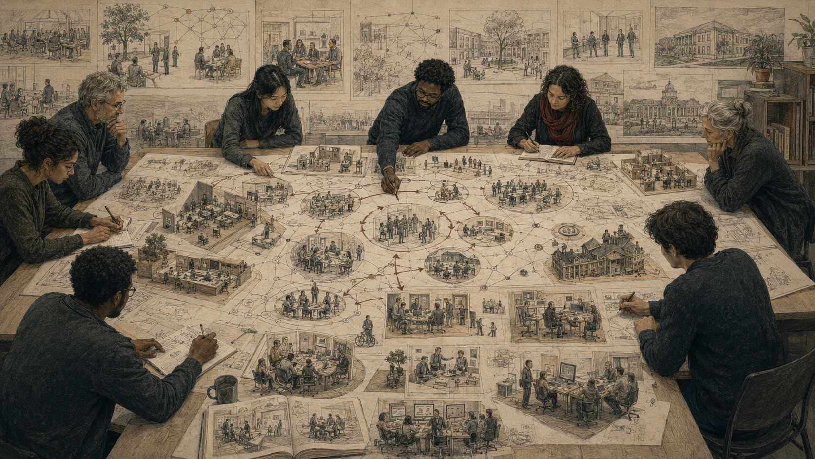 Editorial illustration of a diverse team studying organizational systems, workplace scenes, collaboration models, stakeholder maps, feedback loops, and innovation pathways across a large research table.