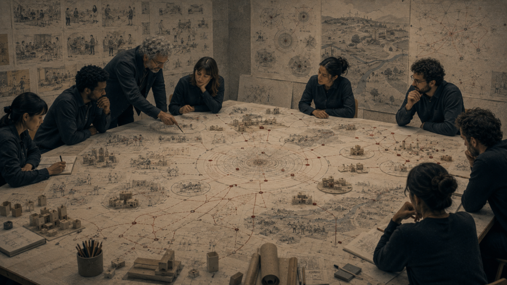 Editorial illustration of a design team studying a large systems map filled with human-centered sketches, stakeholder scenes, feedback loops, model environments, network diagrams, and circular design pathways.