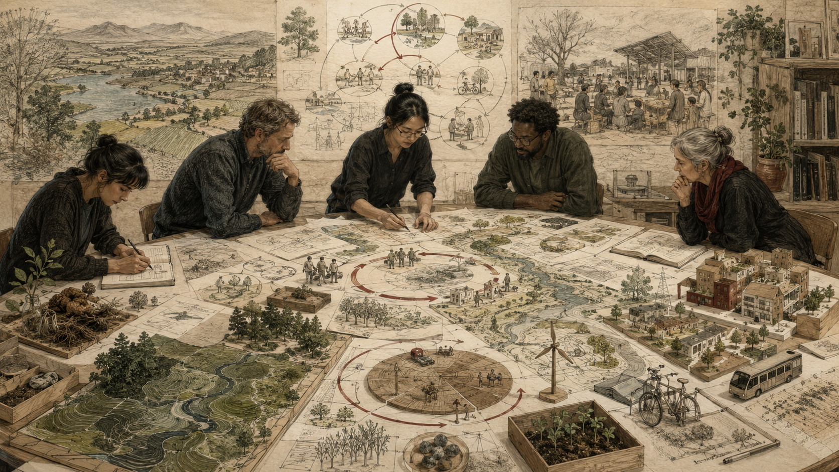 Editorial illustration of a design team working around a large table filled with ecological maps, community sketches, circular planning diagrams, landscape models, renewable infrastructure, gardens, transit, and sustainable settlement designs.