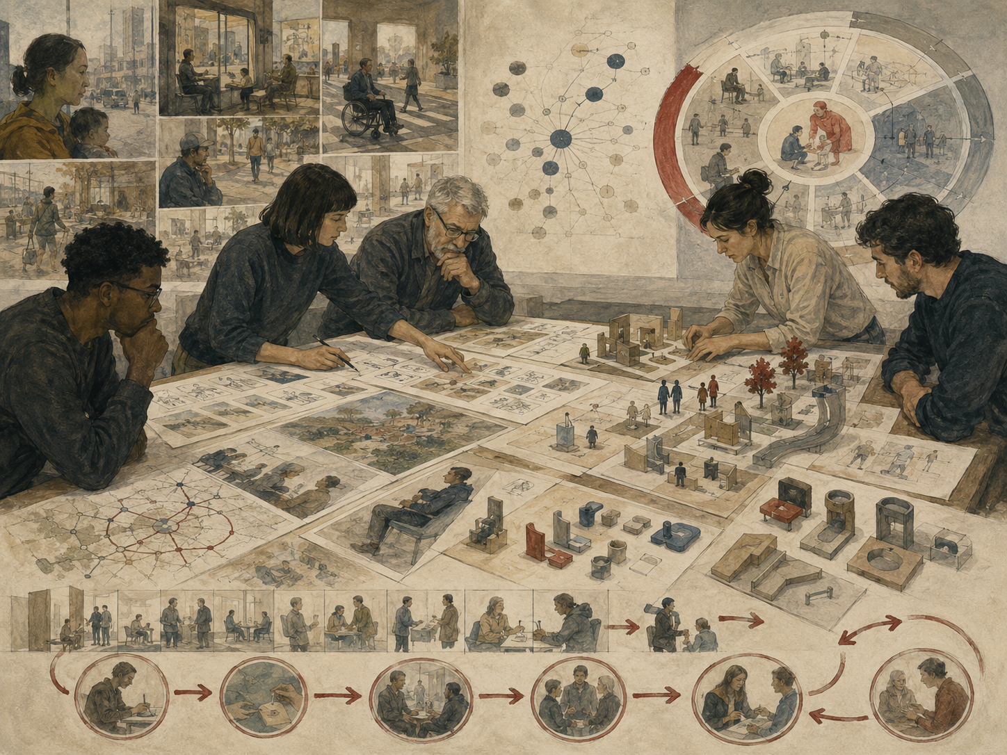 Designers and researchers study user scenes, concept sketches, prototype models, pathway sequences, and feedback loops on a large planning table.