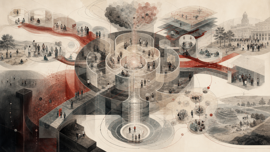 Editorial scientific illustration of design thinking as a human-centered problem-solving systems architecture, showing empathy research, problem framing, ideation, prototyping, testing, implementation, inclusion, systems feedback, sustainability, and responsible revision.