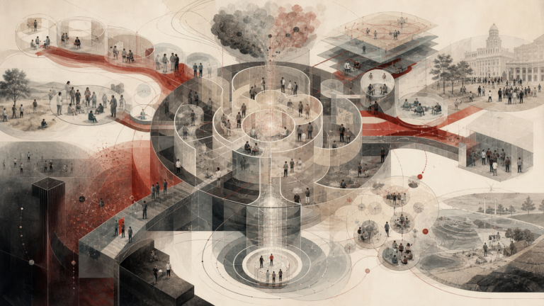 Editorial scientific illustration of design thinking as a human-centered problem-solving systems architecture, showing empathy research, problem framing, ideation, prototyping, testing, implementation, inclusion, systems feedback, sustainability, and responsible revision.