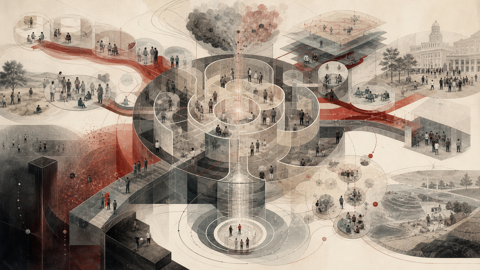 Editorial scientific illustration of design thinking as a human-centered problem-solving systems architecture, showing empathy research, problem framing, ideation, prototyping, testing, implementation, inclusion, systems feedback, sustainability, and responsible revision.
