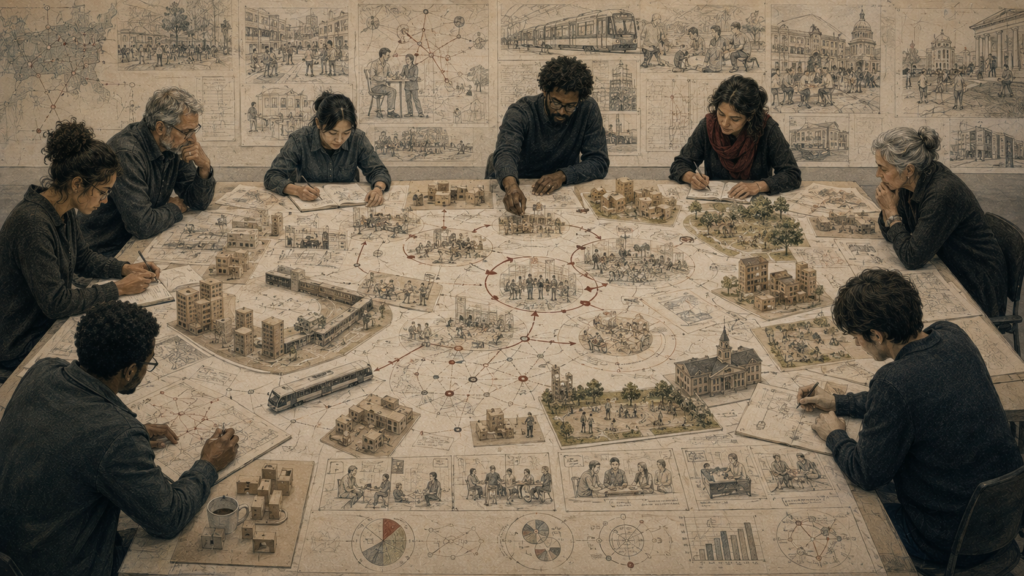 Editorial illustration of a public policy design team studying civic maps, community scenes, transit systems, institutional buildings, stakeholder diagrams, public service models, and feedback pathways.