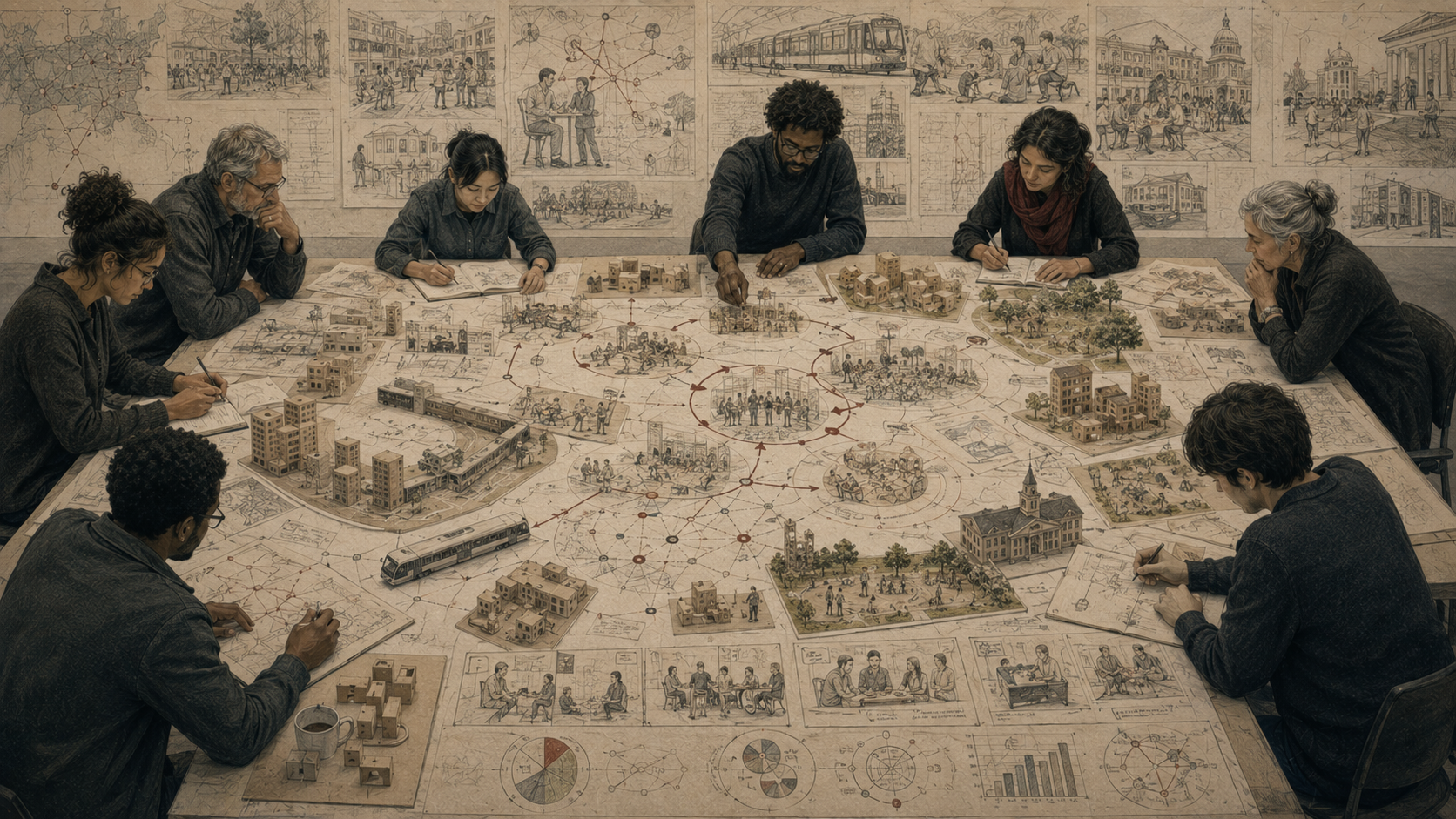 Editorial illustration of a public policy design team studying civic maps, community scenes, transit systems, institutional buildings, stakeholder diagrams, public service models, and feedback pathways.