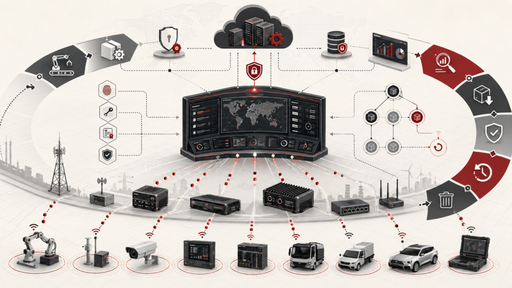 Edge device fleet management system showing cloud updates, secure provisioning, monitoring, rollback, and decommissioning across connected industrial devices.