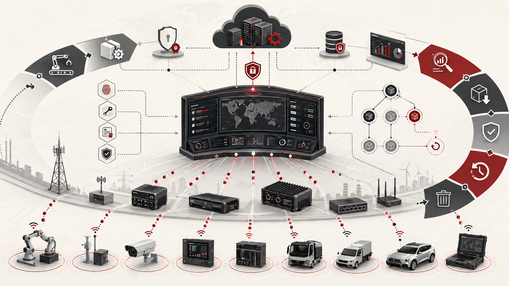 Edge device fleet management system showing cloud updates, secure provisioning, monitoring, rollback, and decommissioning across connected industrial devices.