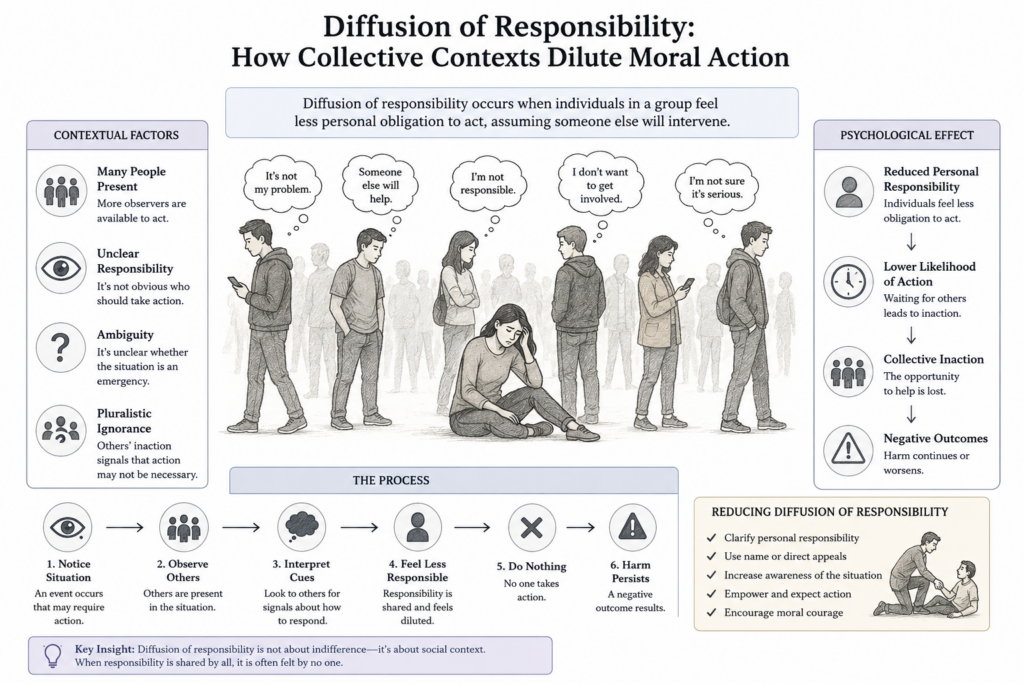 Institutional research infographic showing diffusion of responsibility as a social-psychological process in which group presence, unclear responsibility, ambiguity, and pluralistic ignorance reduce personal action and allow harm to persist.