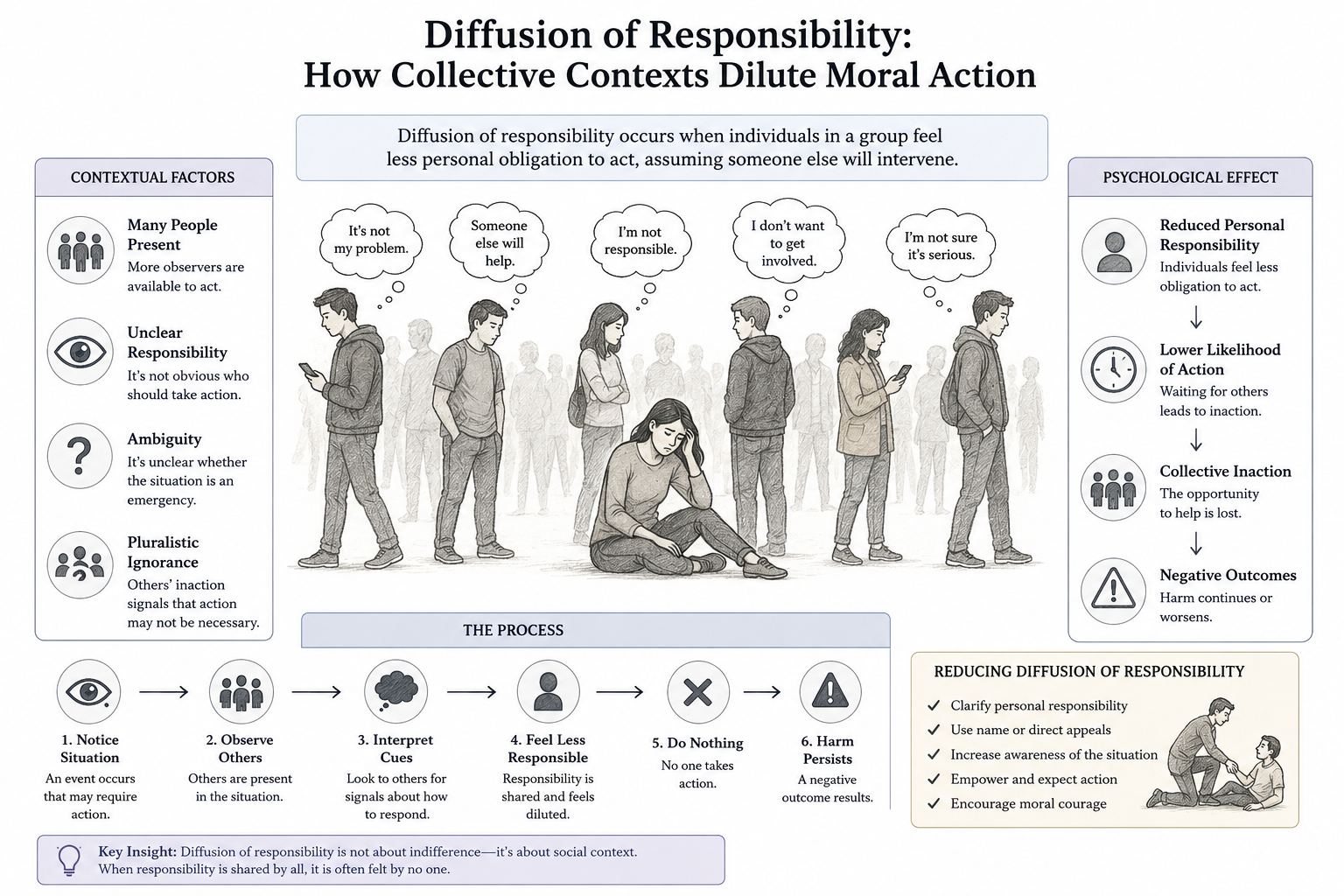 Institutional research infographic showing diffusion of responsibility as a social-psychological process in which group presence, unclear responsibility, ambiguity, and pluralistic ignorance reduce personal action and allow harm to persist.