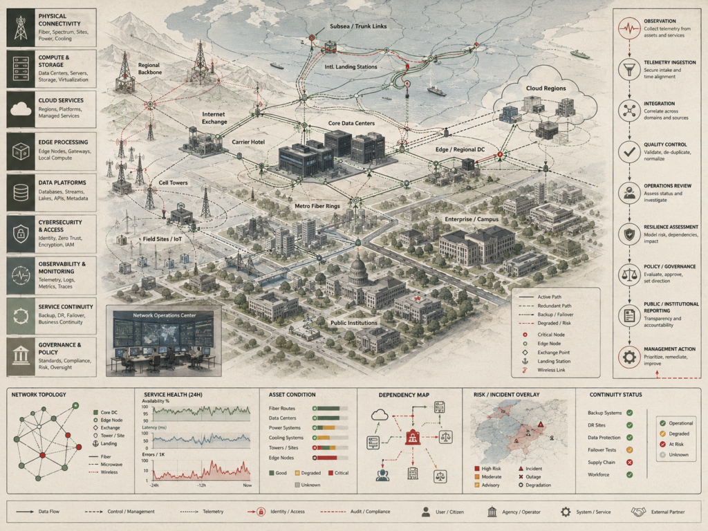 Restrained digital infrastructure systems diagram showing fiber networks, data centers, cloud regions, edge nodes, wireless towers, telemetry, cybersecurity, service continuity, and governance pathways.