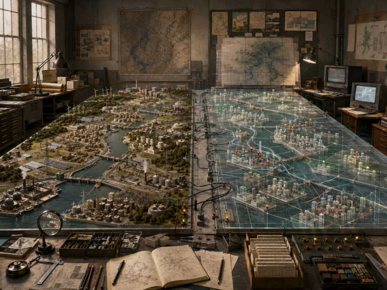 Research studio with paired physical and transparent simulation models of the same regional system, showing cities, waterways, infrastructure, energy networks, sensors, cables, and analog computing equipment.