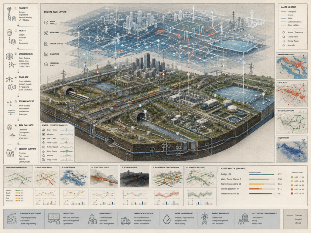 Digital twin infrastructure diagram showing layered city systems, transport, energy, water, communications, telemetry, scenario testing, risk evaluation, and decision-support pathways.