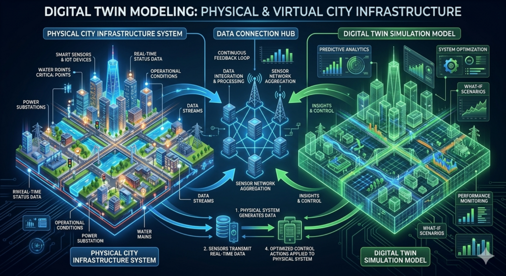 Illustration showing a digital twin simulation platform mirroring real-world infrastructure systems using real-time data streams.