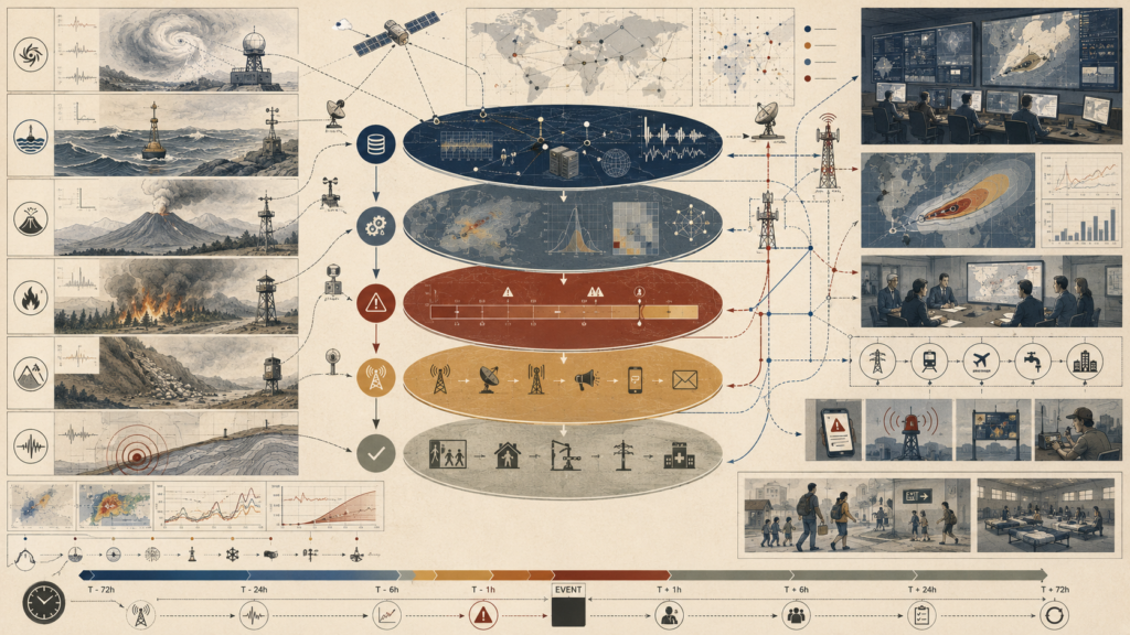 Layered disaster early warning systems diagram showing hazard sensing, satellites, monitoring networks, warning chains, communication infrastructure, response timing, and community action.