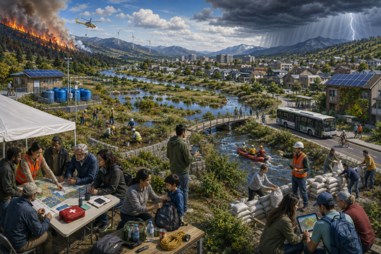 Panoramic illustration of a riverside community preparing for wildfire, storm, and flood risk through emergency planning, wetland restoration, flood defenses, monitoring, and coordinated response.