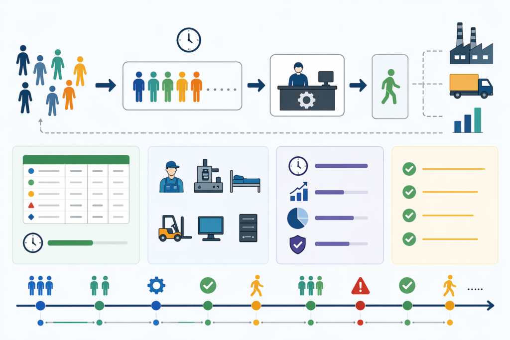 Text-free vector illustration of a process workflow showing arrivals, queueing, service, departure, resource panels, performance dashboard tiles, and an event timeline.