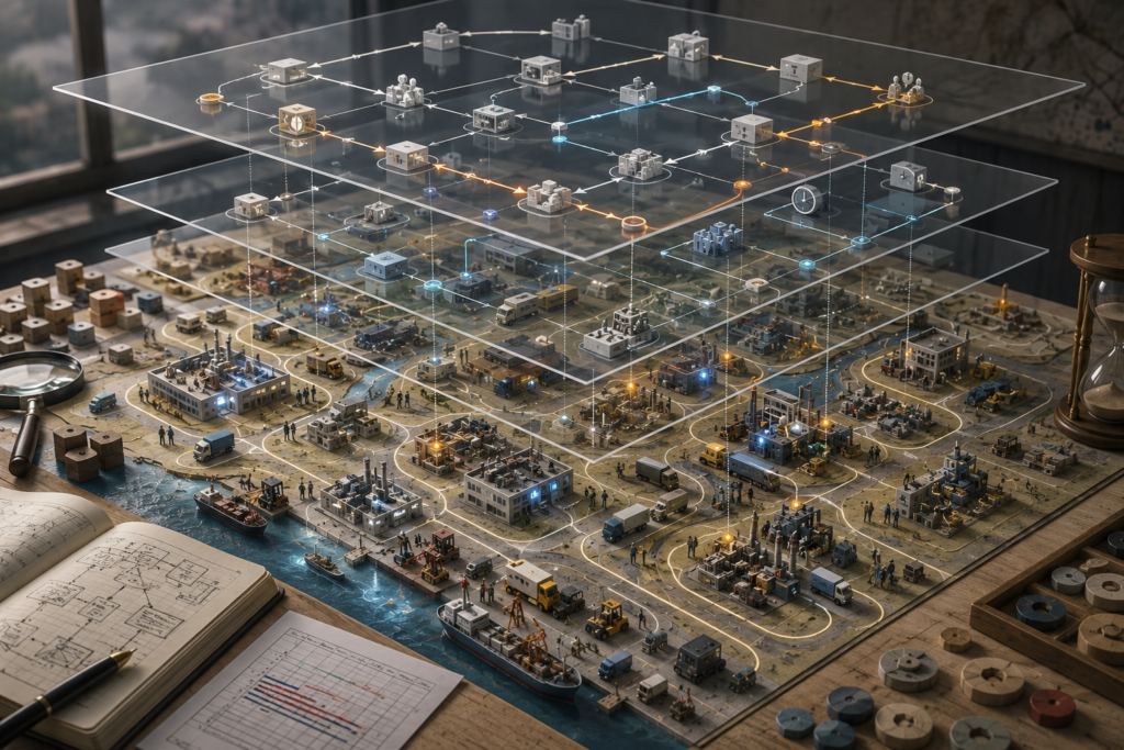 Miniature industrial city model with factories, roads, vehicles, ports, process nodes, timing paths, translucent simulation layers, flow arrows, and event sequences.