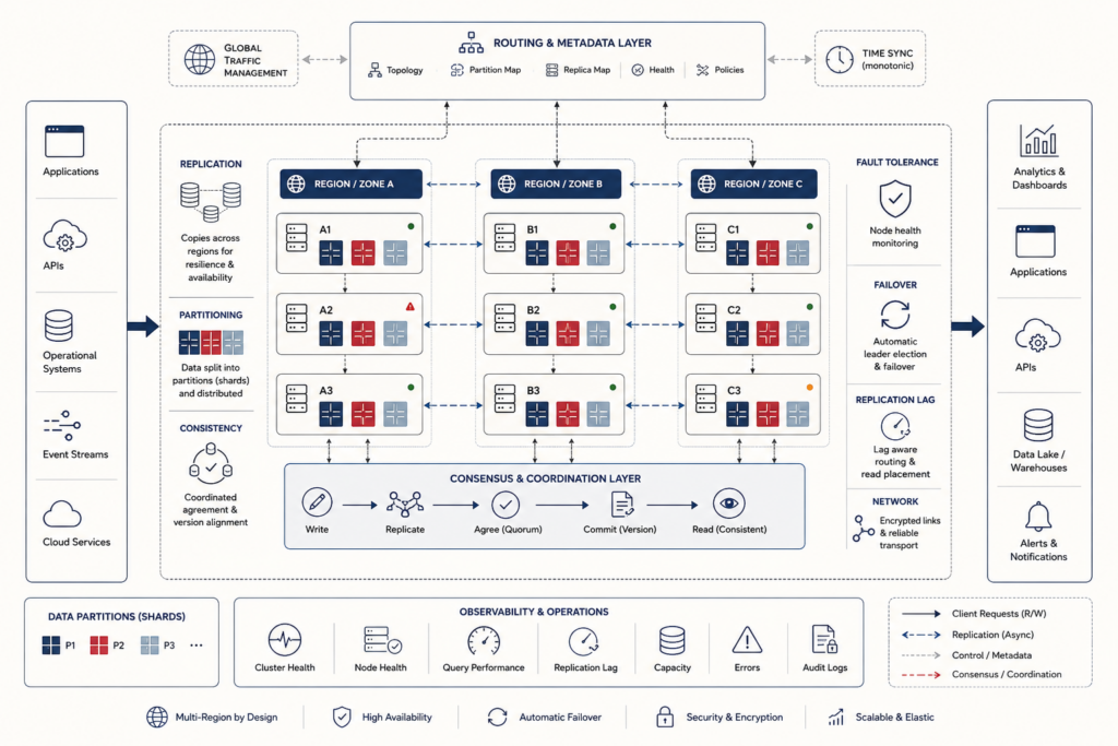 Conceptual distributed data systems illustration showing replicated data across regions, partitioned shards, routing metadata, consensus coordination, failover, consistency controls, and observability.