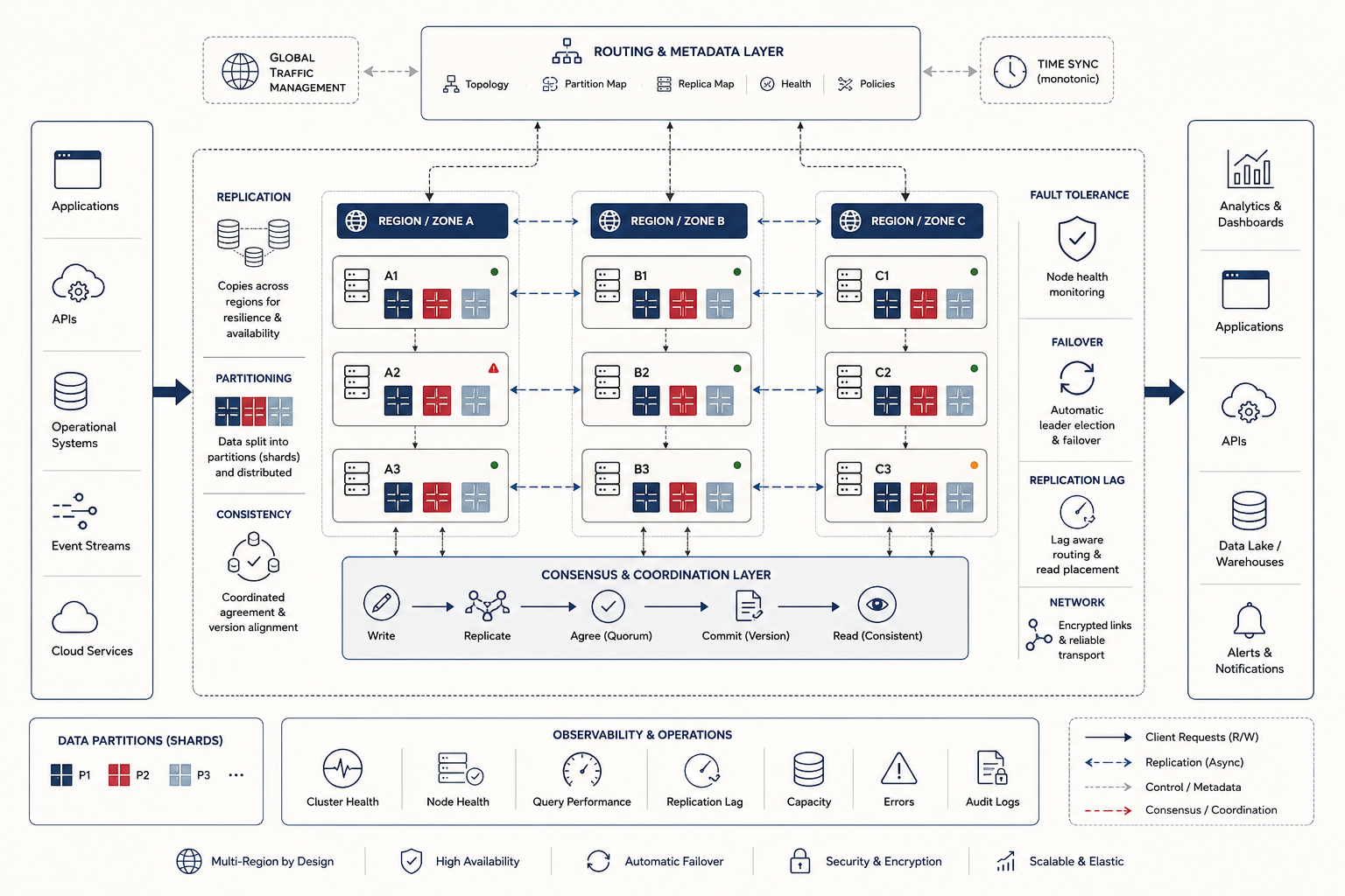 Conceptual distributed data systems illustration showing replicated data across regions, partitioned shards, routing metadata, consensus coordination, failover, consistency controls, and observability.