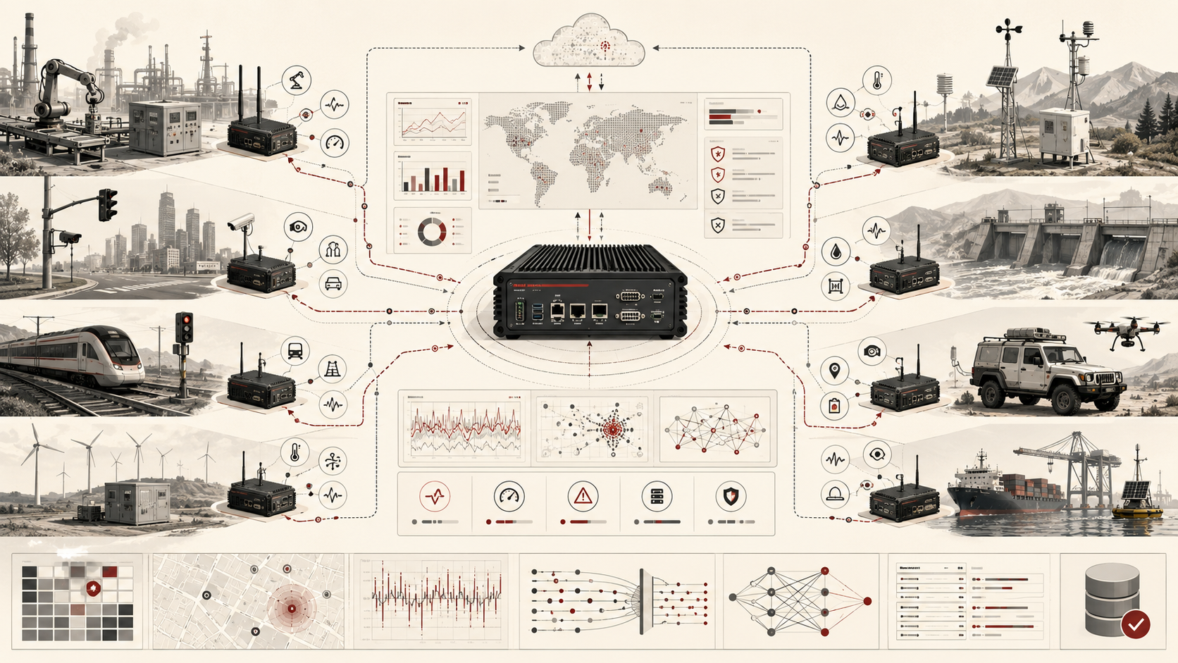 Institutional systems-research illustration of distributed monitoring systems connecting embedded edge nodes across industrial, urban, transport, environmental, energy, water, and logistics environments.