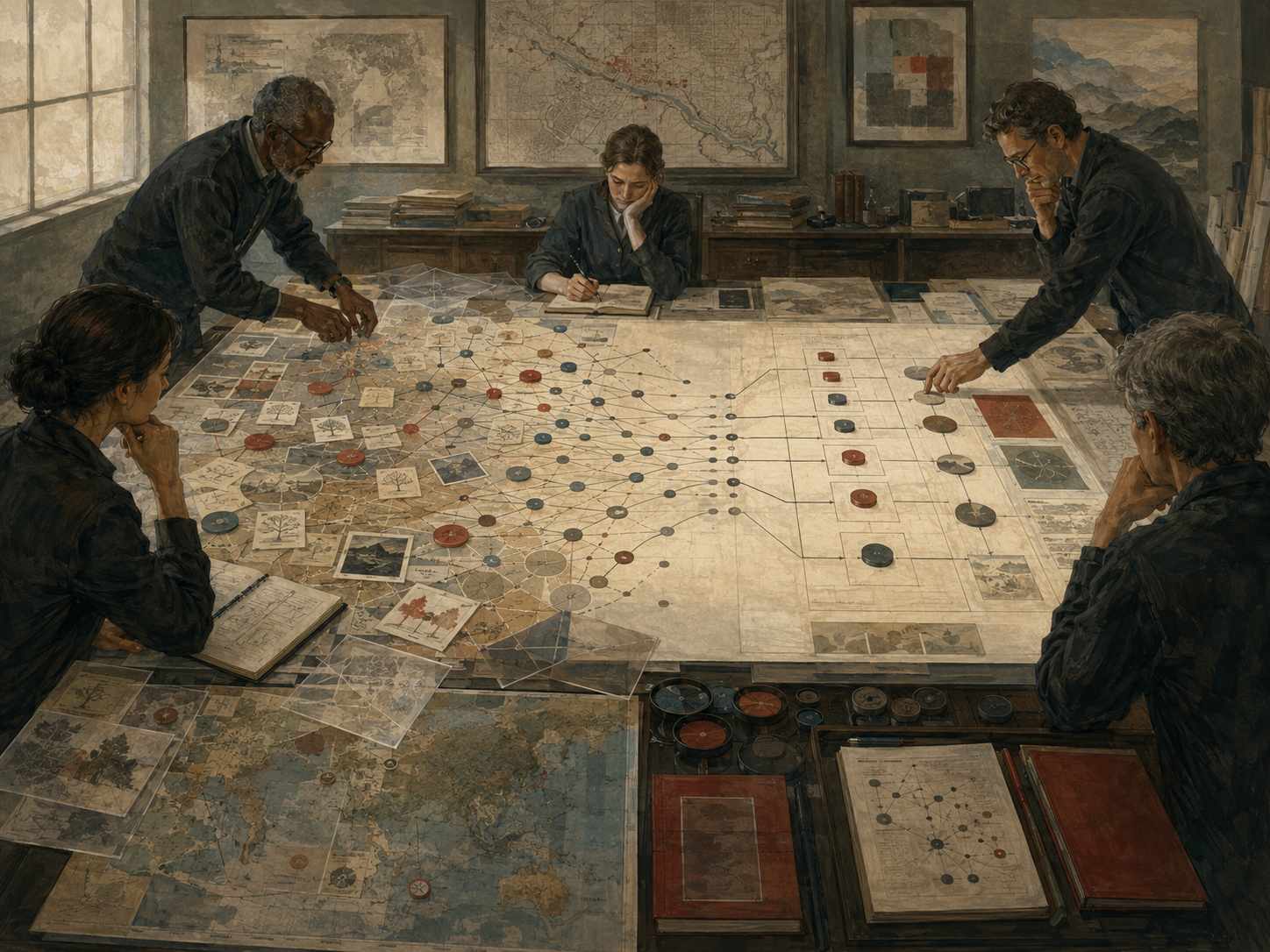 Researchers study a planning table where many exploratory ideas, maps, and branching pathways gradually narrow into structured choices and organized decision routes.