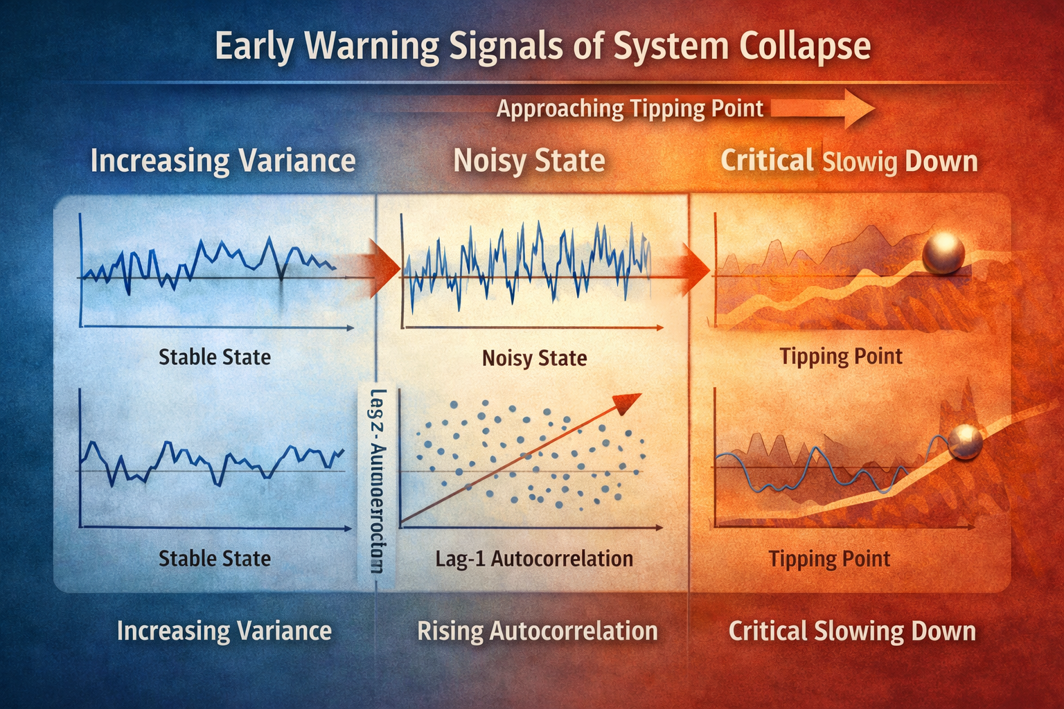 Infographic illustrating early warning signals of system collapse in complex systems, showing increasing variance, rising autocorrelation, and critical slowing down as indicators of an approaching tipping point.
