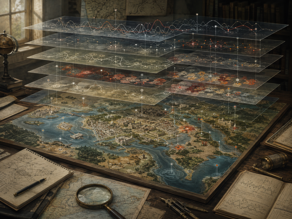 Layered systems model on a research table with mapped landscapes, monitoring points, translucent analytical planes, signal traces, network stress patterns, and highlighted disturbance zones.